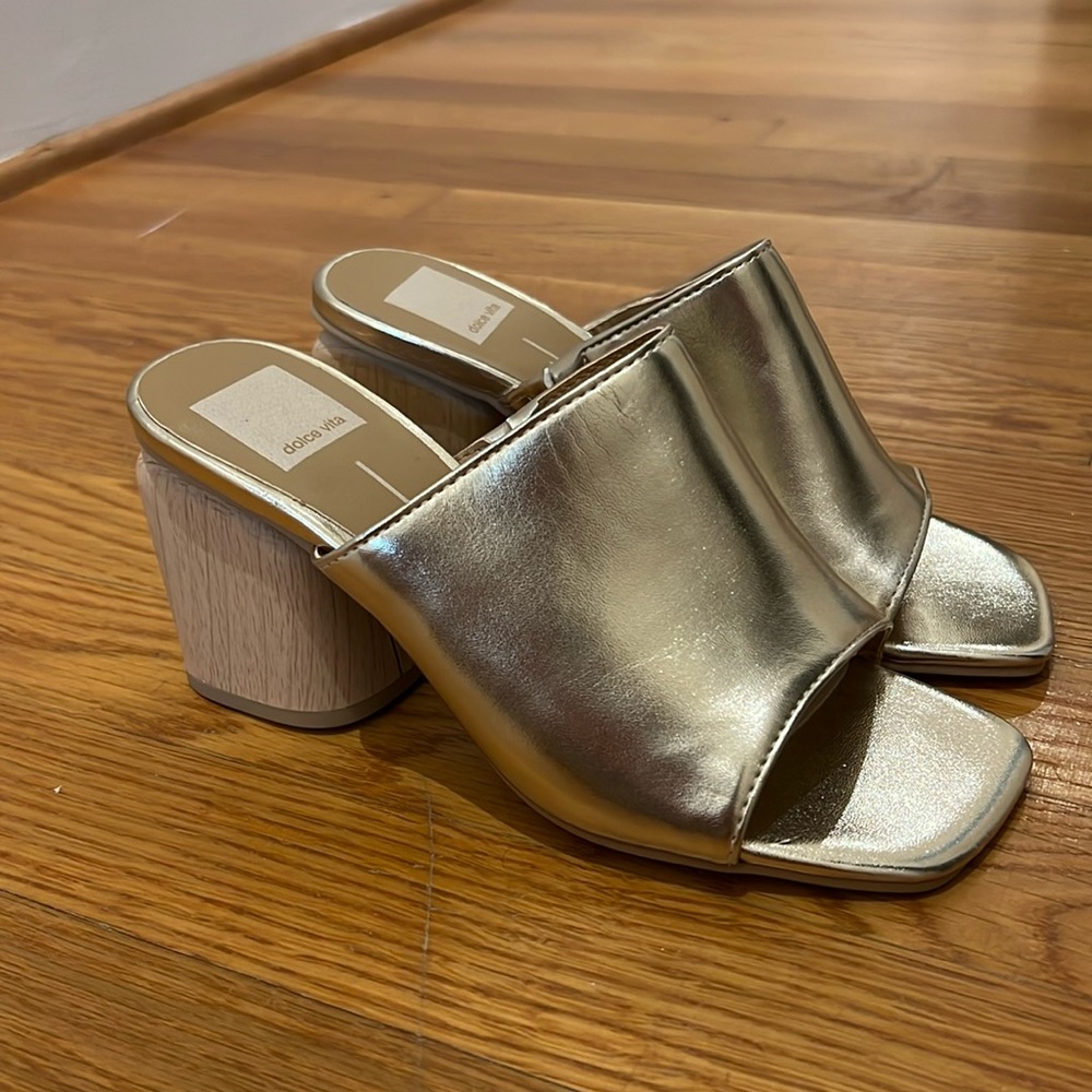 Gold open toe mules
